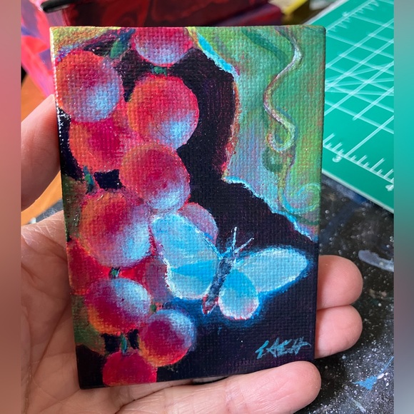 ⭕️ SOLD Original painting blue butterfly purple grapes artwork artist direct - Picture 4 of 6